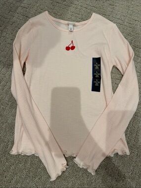 art class Light Pink Ribbed Long Sleeve Top with Red Cherry Motif